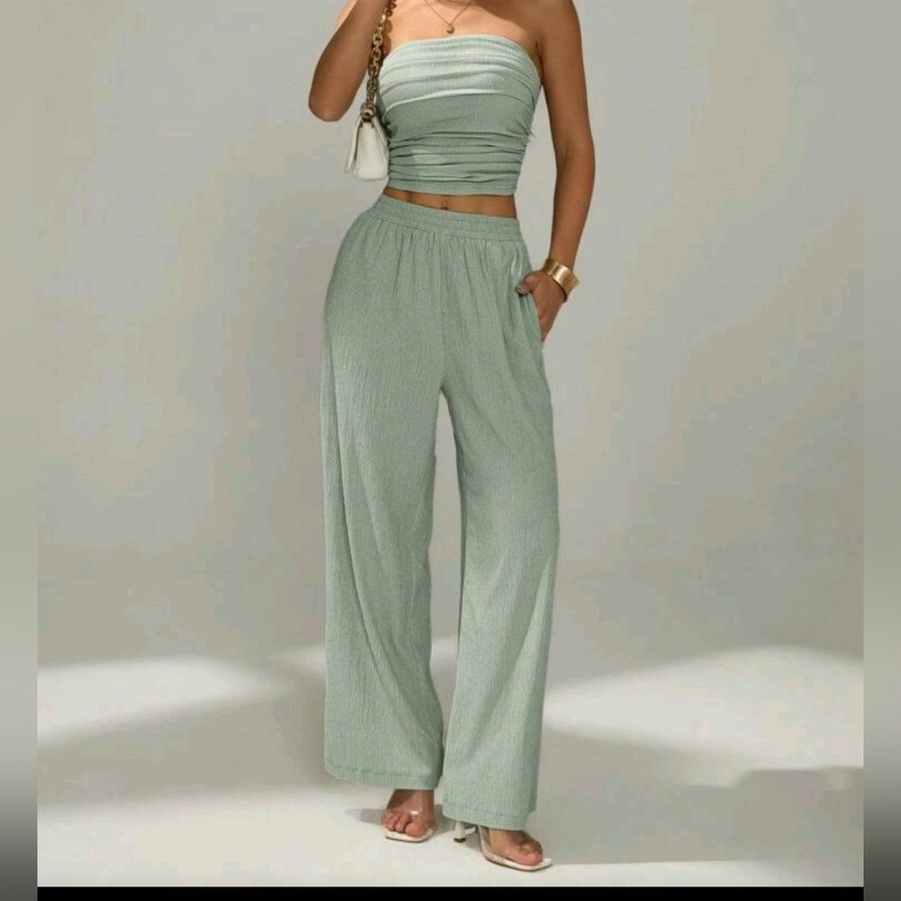 SHEIN petite Women 2pcs/Set Summer Casual Solid Color Ruched Bandeau Top And Lon - Picture 3 of 4